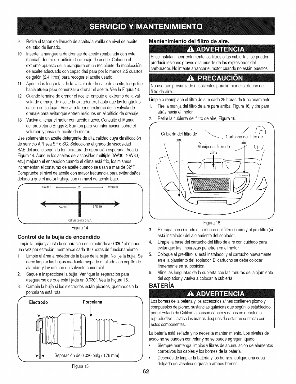 Control de la bujía de encendido, Mantenimiento del filtro de aire, A advertencia | A precaucion, Batería, Servicio y mantenimiento, Advertencia, Precaucion | Craftsman 247.889980 User Manual | Page 62 / 76