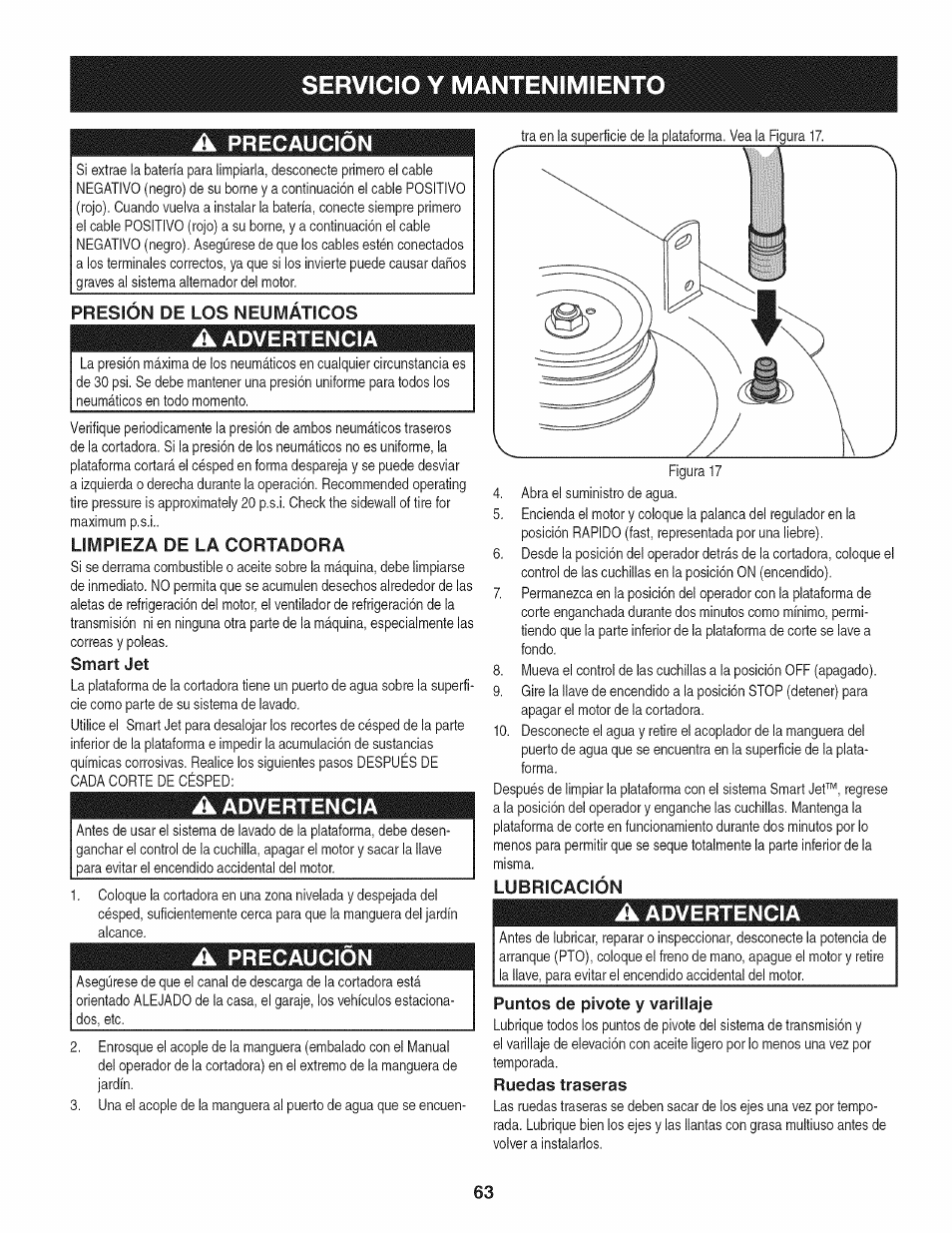 A precaución, Presion de los neumaticos, A advertencia | Limpieza de la cortadora, Smart jet, Lubricación, Puntos de pivote y varillaje, Ruedas traseras, Servicio y mantenimiento, Precaución | Craftsman 247.889980 User Manual | Page 63 / 76