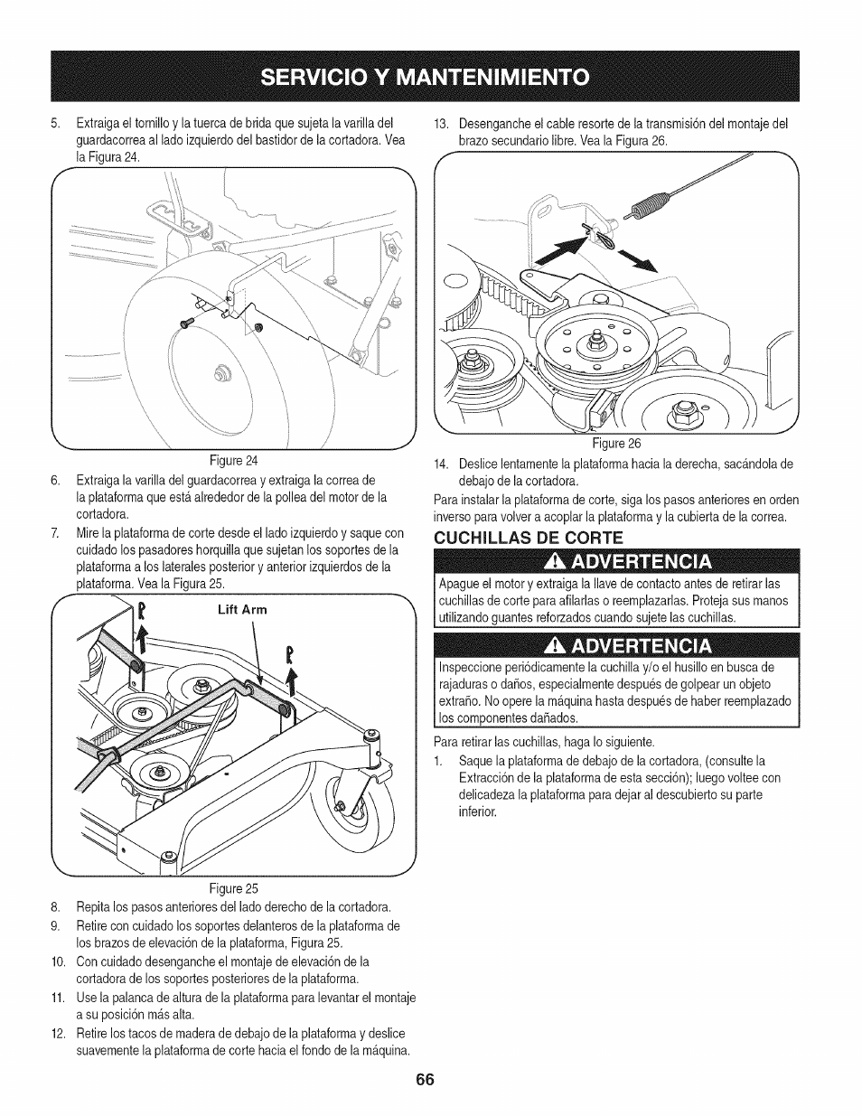 Cuchillas de corte, A advertencia, Servicio y mantenimiento | Craftsman 247.889980 User Manual | Page 66 / 76