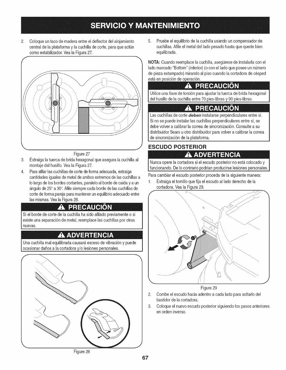 A precaucion, A advertencia, A precaución | Escudo posterior, Servicio y mantenimiento, Advertencia, Precaucion, Precaución | Craftsman 247.889980 User Manual | Page 67 / 76