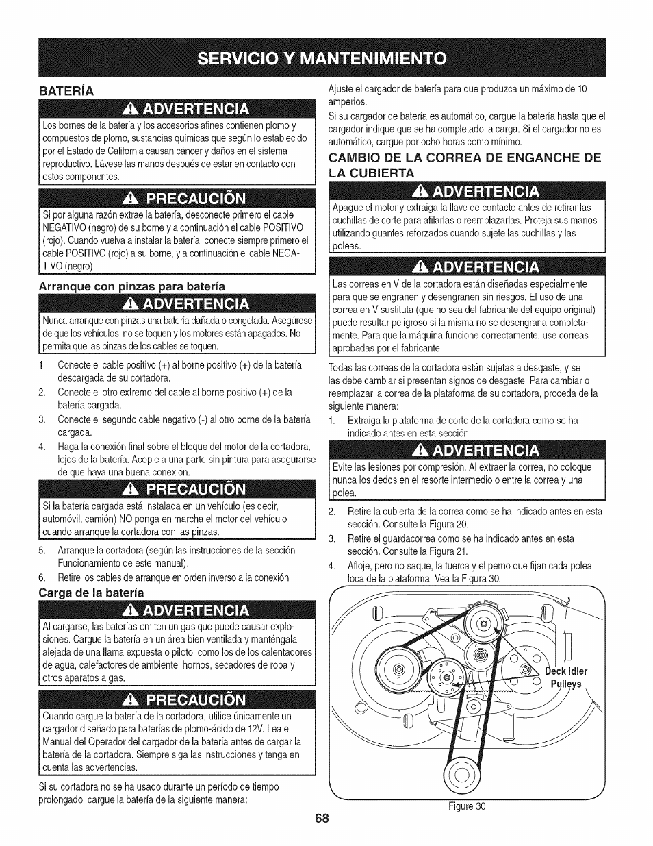 A advertencia, A precaución, Arranque con pinzas para batería | Carga de la batería, Cambio de la correa de enganche de la cubierta, A precaucion, Servicio y mantenimiento, Precaución, Advertencia, Precaucion | Craftsman 247.889980 User Manual | Page 68 / 76