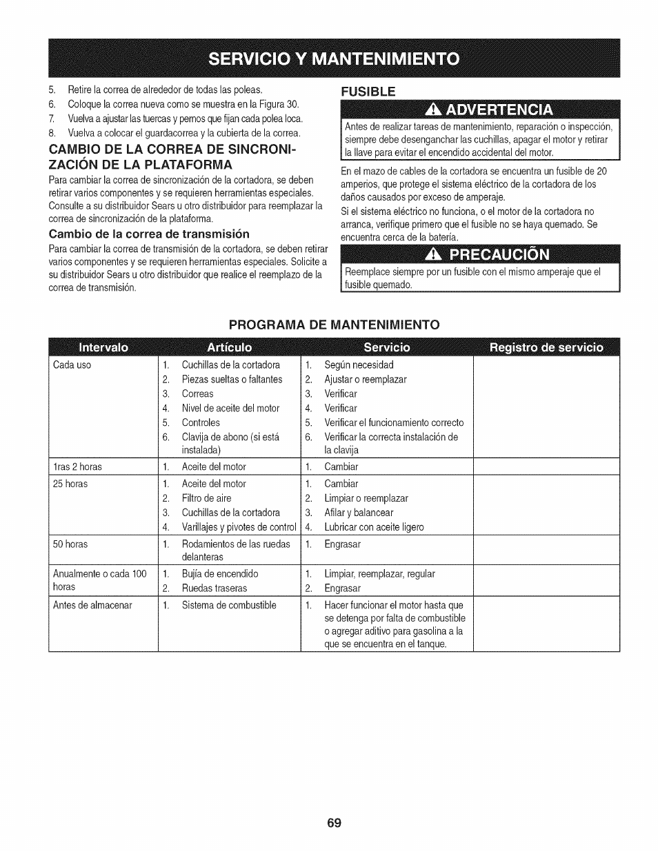 Fusible, A advertencia, A precaución | Programa de mantenimiento, Servicio y mantenimient | Craftsman 247.889980 User Manual | Page 69 / 76