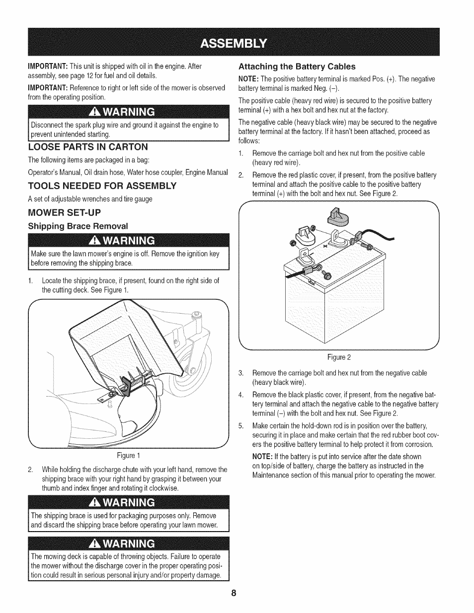 Loose parts in carton, Tools needed for assembly, Mower set-up shipping brace removal | Awarning, Attaching the battery cables, Assembly, A warning | Craftsman 247.889980 User Manual | Page 8 / 76