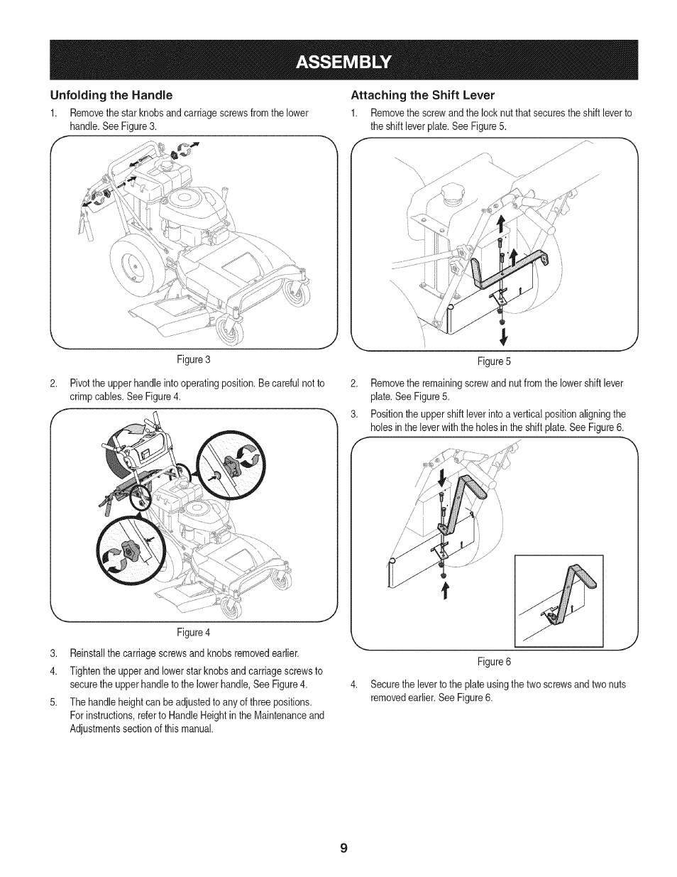 Unfolding the handle, Attaching the shift lever, Assembly | Craftsman 247.889980 User Manual | Page 9 / 76