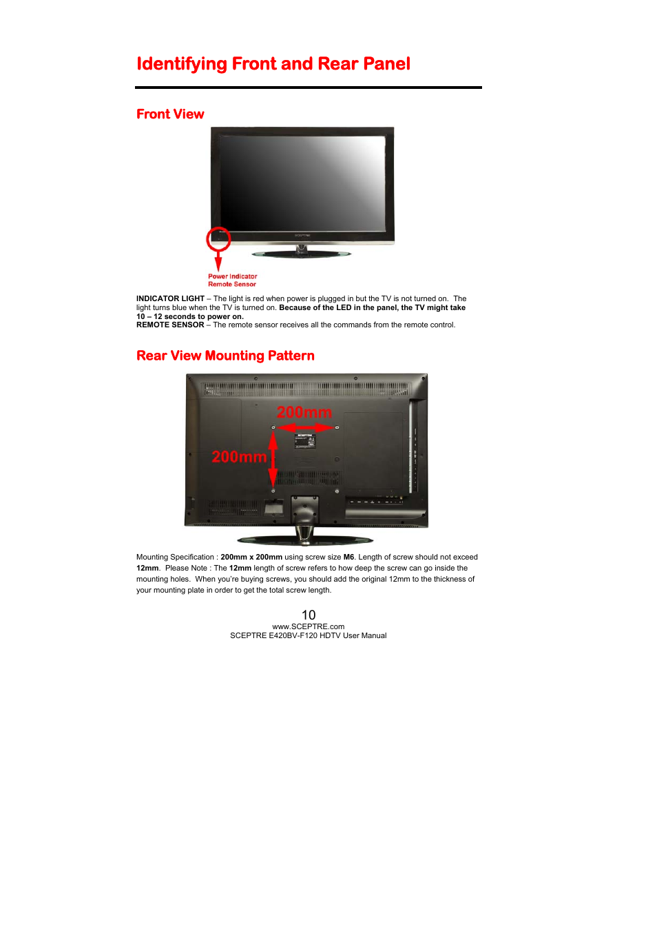 Identifying front and rear panel, Front view, Rear view mounting pattern | Sceptre E420BV-F120 User Manual | Page 10 / 56
