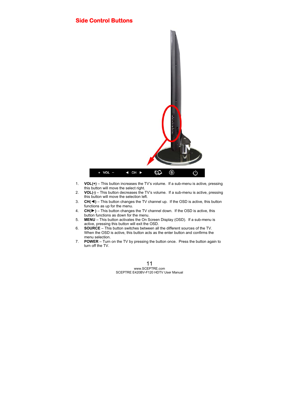 Side control buttons | Sceptre E420BV-F120 User Manual | Page 11 / 56