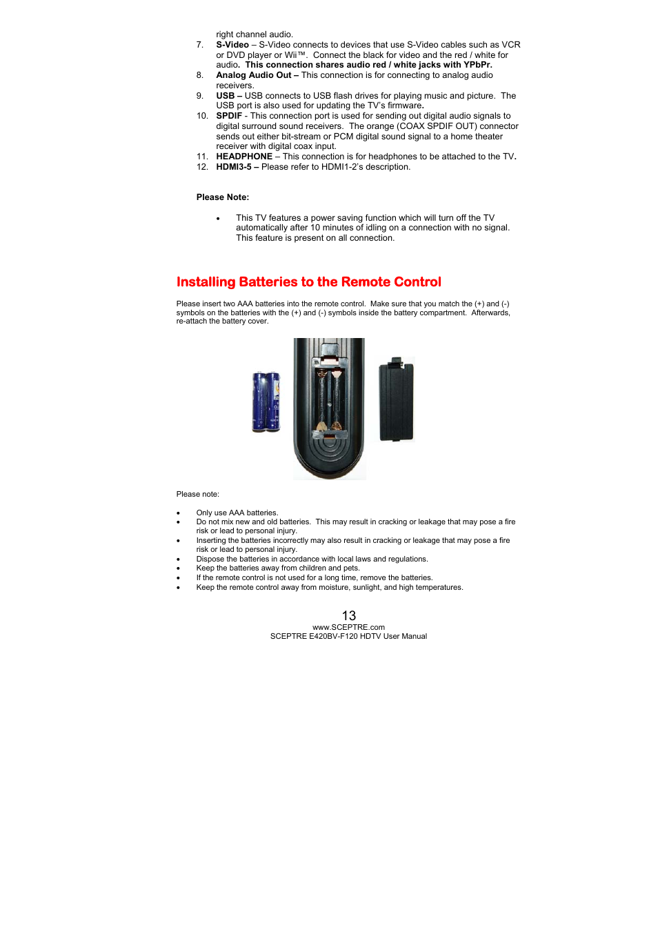 Installing batteries to the remote control | Sceptre E420BV-F120 User Manual | Page 13 / 56