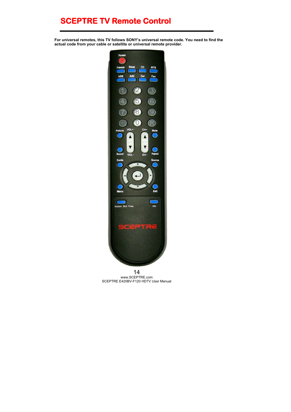 Sceptre tv remote control | Sceptre E420BV-F120 User Manual | Page 14 / 56