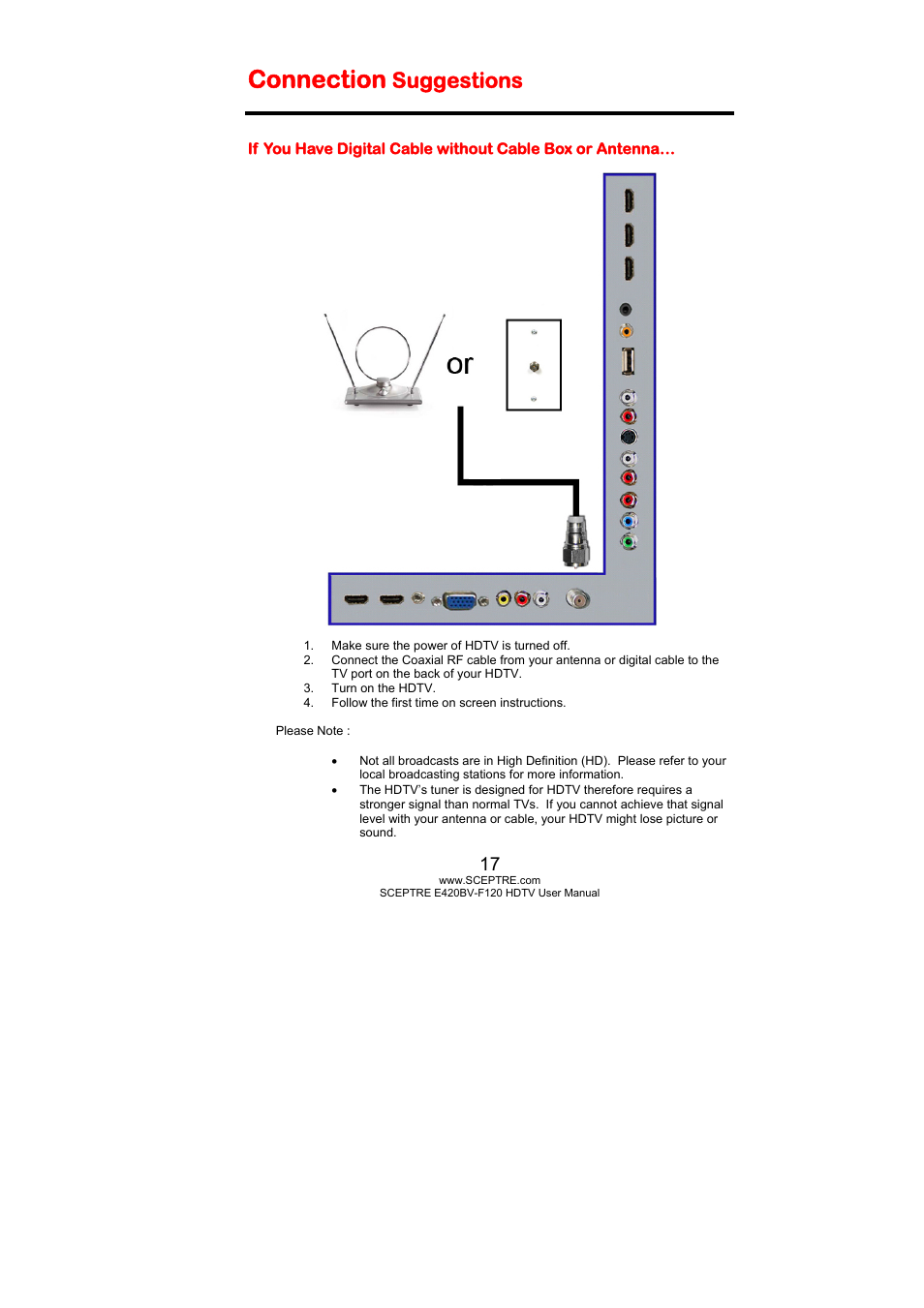 Connection, Suggestions | Sceptre E420BV-F120 User Manual | Page 17 / 56