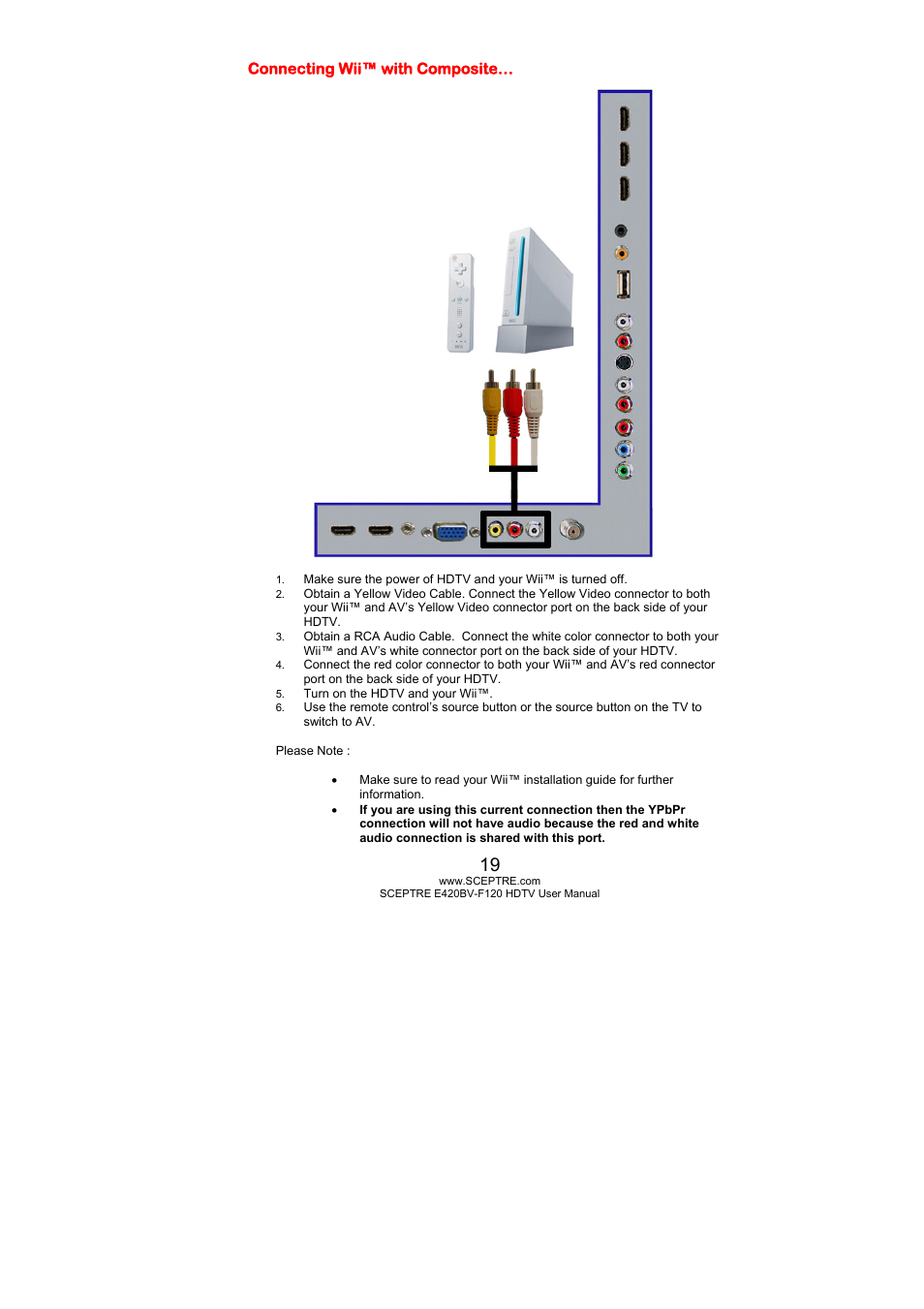 Connecting wii™ with composite | Sceptre E420BV-F120 User Manual | Page 19 / 56