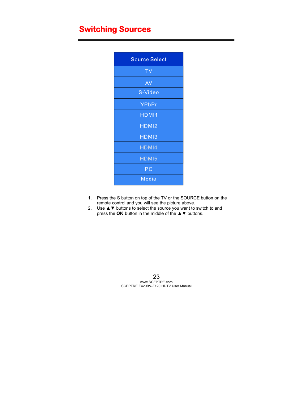 Switching sources | Sceptre E420BV-F120 User Manual | Page 23 / 56