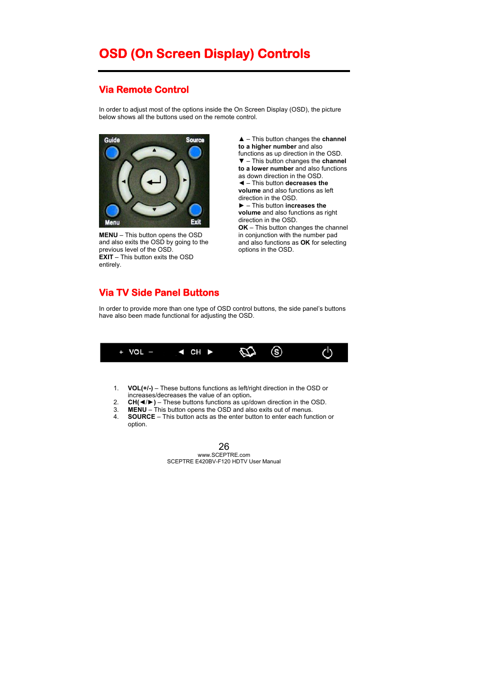 Osd (on screen display) controls, Via remote control, Via tv side panel buttons | Sceptre E420BV-F120 User Manual | Page 26 / 56