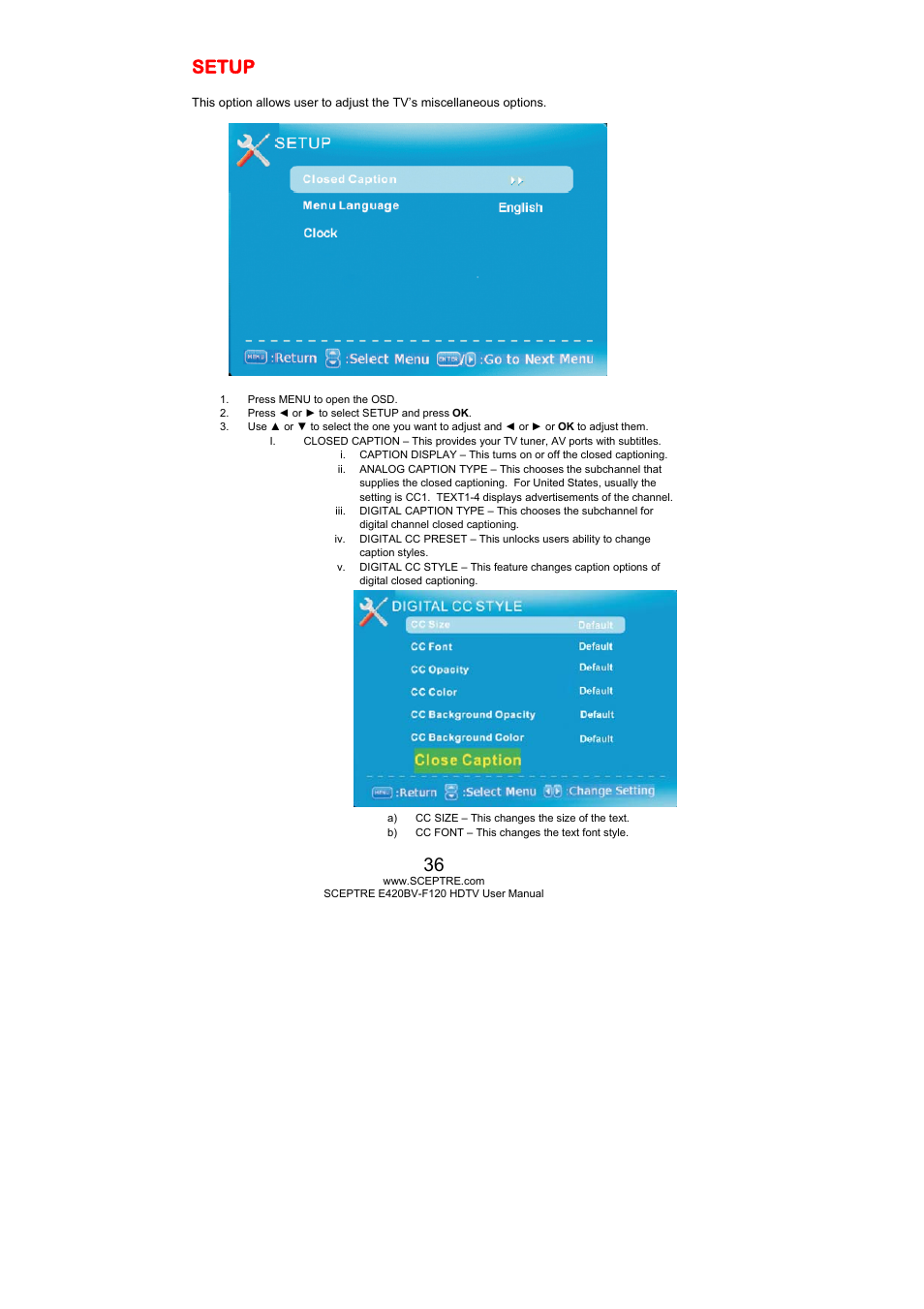 Setup | Sceptre E420BV-F120 User Manual | Page 36 / 56