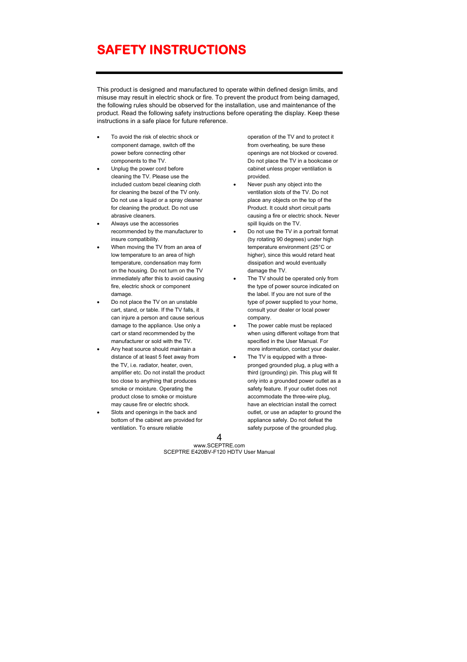 Safety instructions | Sceptre E420BV-F120 User Manual | Page 4 / 56