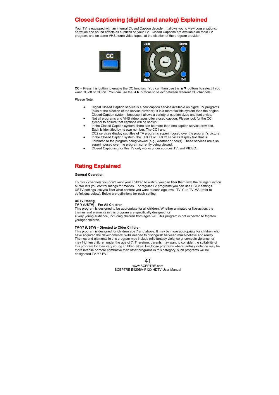 Closed captioning (digital and analog) explained, Rating explained | Sceptre E420BV-F120 User Manual | Page 41 / 56