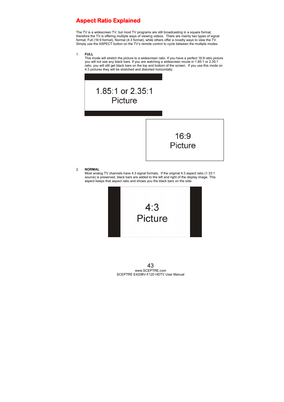 Aspect ratio explained | Sceptre E420BV-F120 User Manual | Page 43 / 56