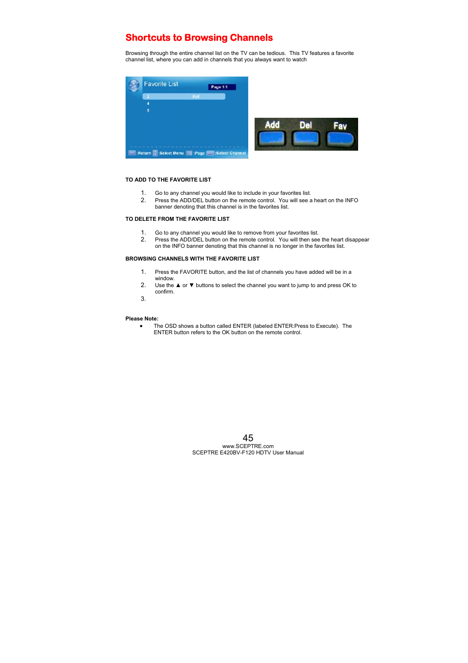 Shortcuts to browsing channels | Sceptre E420BV-F120 User Manual | Page 45 / 56