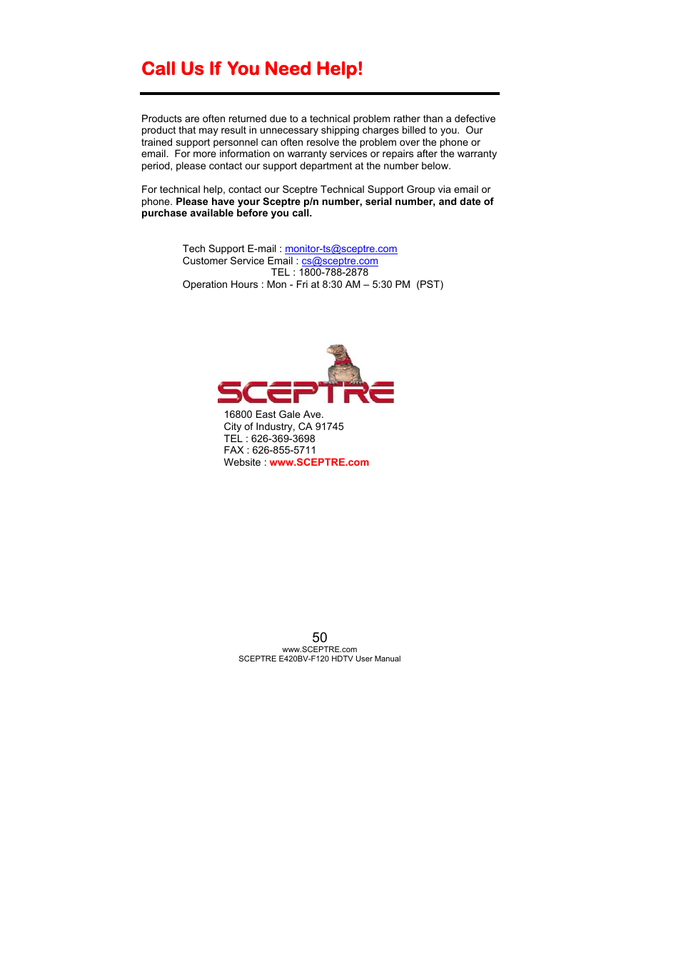 Call us if you need help | Sceptre E420BV-F120 User Manual | Page 50 / 56