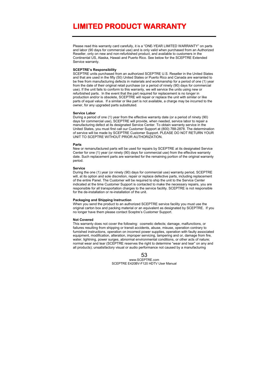 Limited product warranty | Sceptre E420BV-F120 User Manual | Page 53 / 56