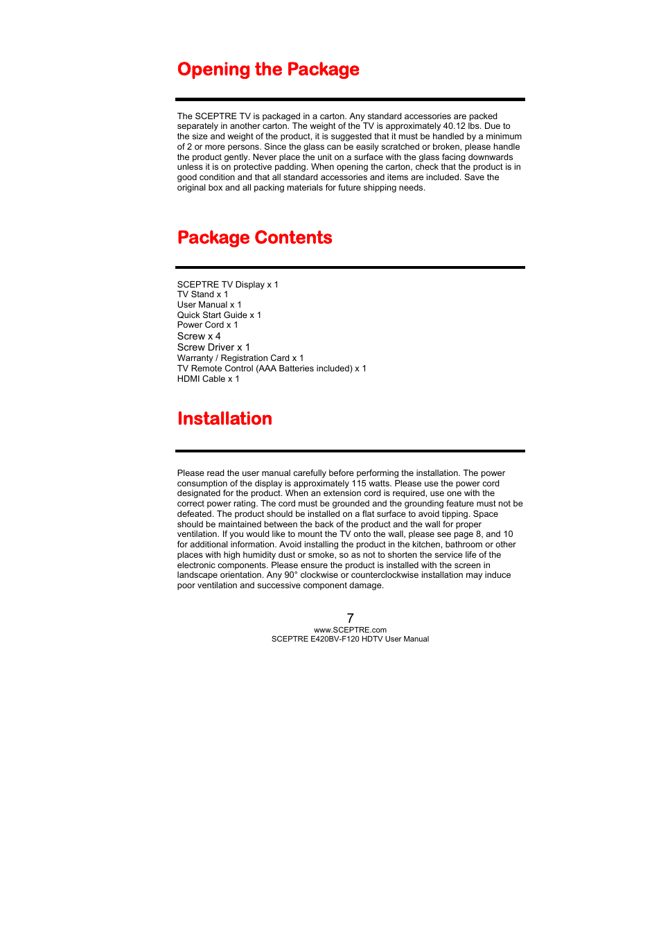 Opening the package, Package contents, Installation | Sceptre E420BV-F120 User Manual | Page 7 / 56