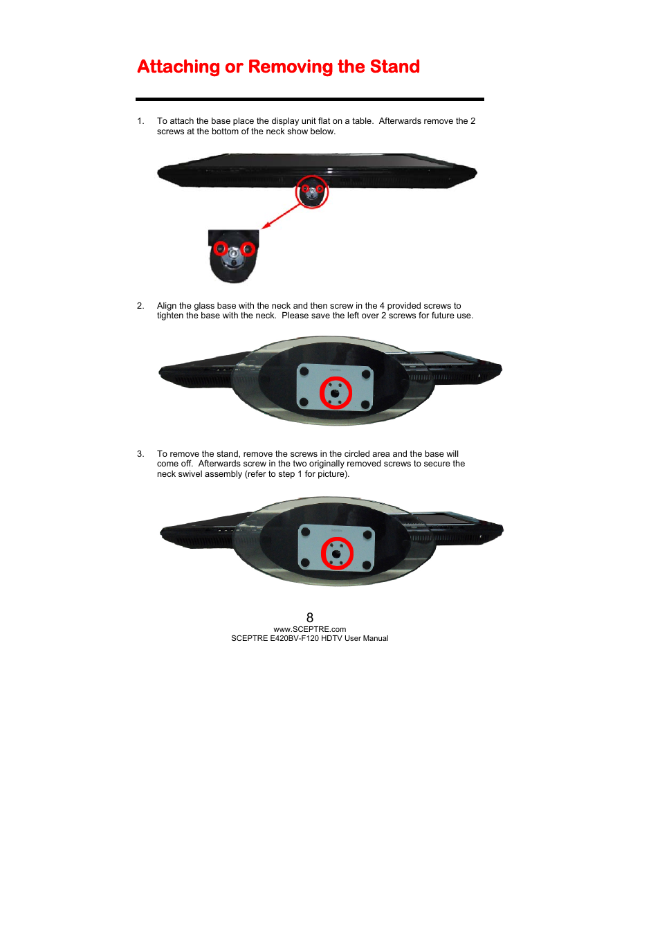 Attaching or removing the stand | Sceptre E420BV-F120 User Manual | Page 8 / 56