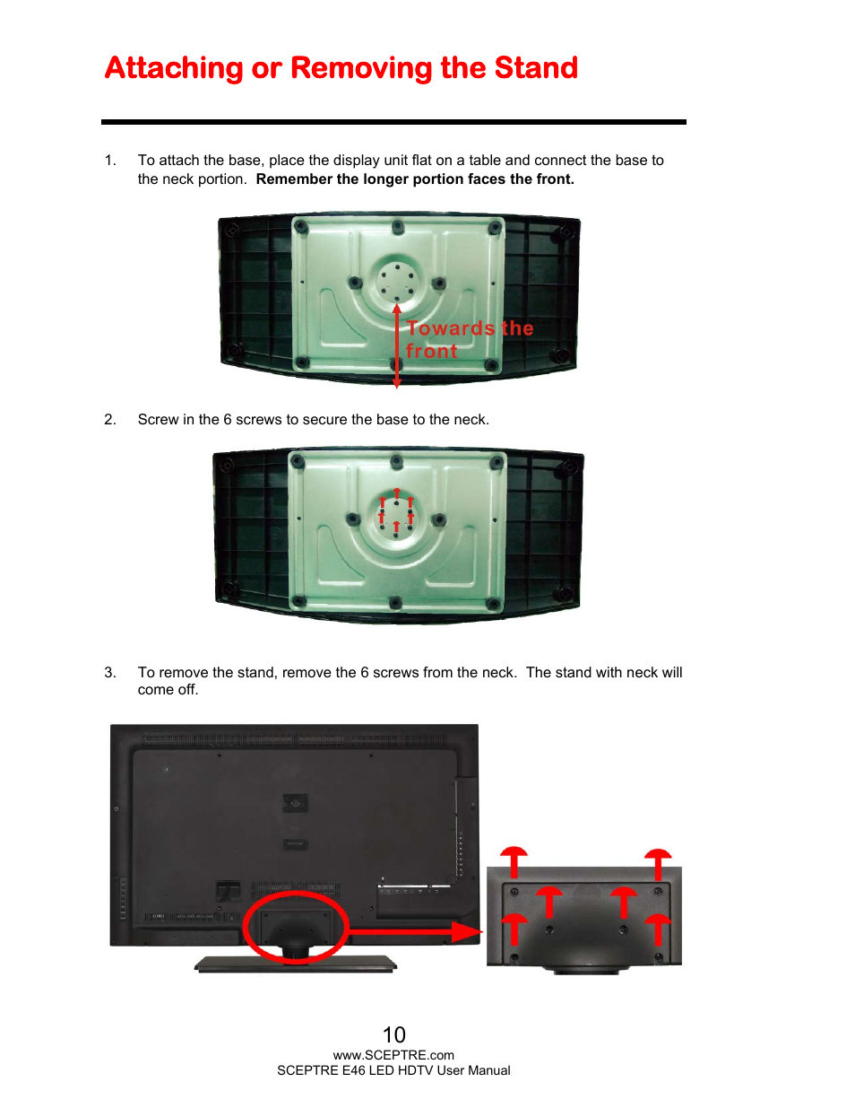 Attaching or removing the stand | Sceptre E465BV-FHDD User Manual | Page 10 / 56