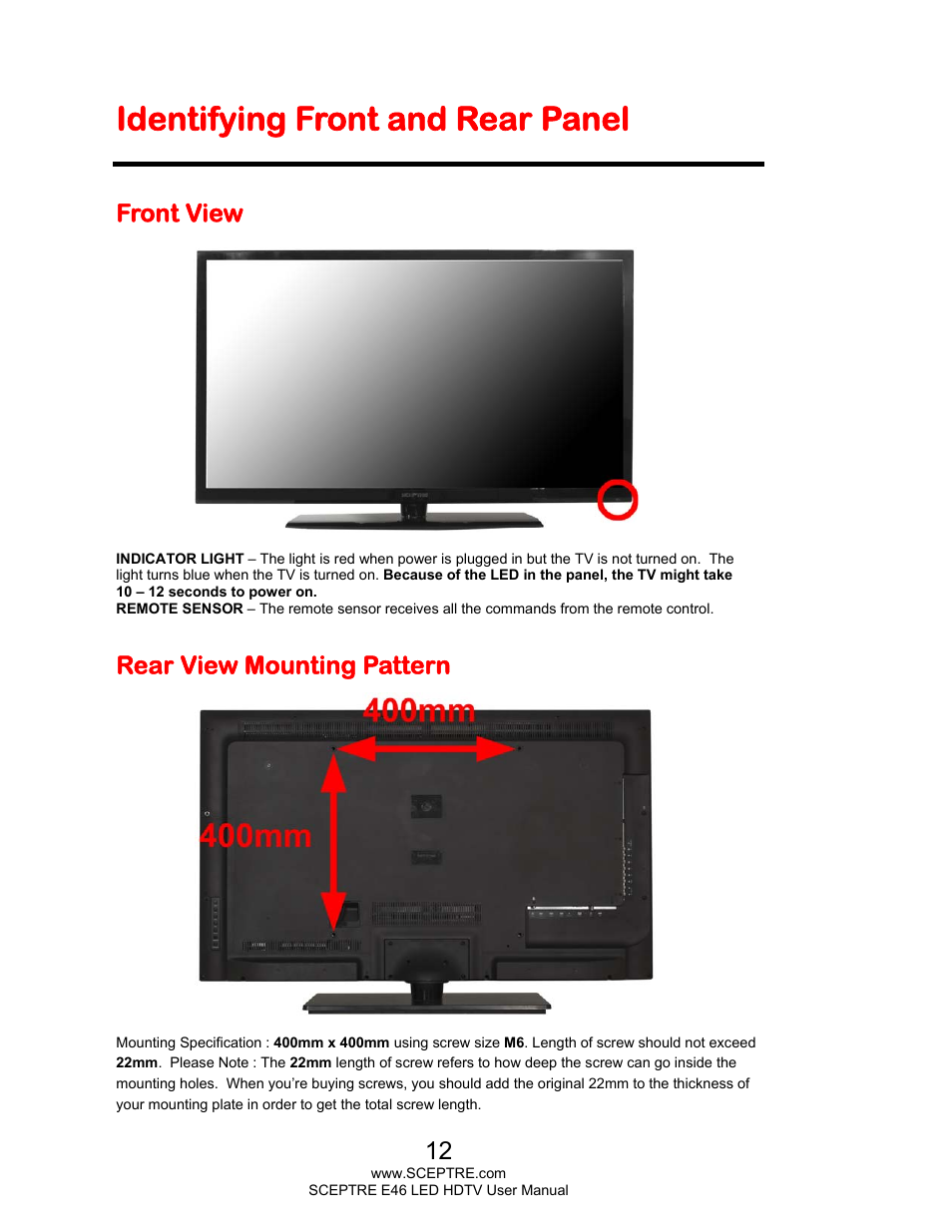 Identifying front and rear panel, Front view, Rear view mounting pattern | Sceptre E465BV-FHDD User Manual | Page 12 / 56