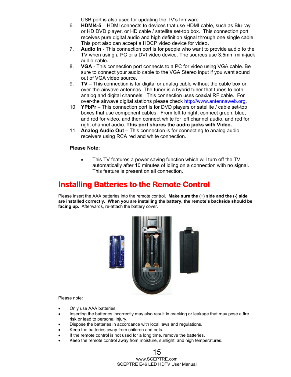 Installing batteries to the remote control | Sceptre E465BV-FHDD User Manual | Page 15 / 56