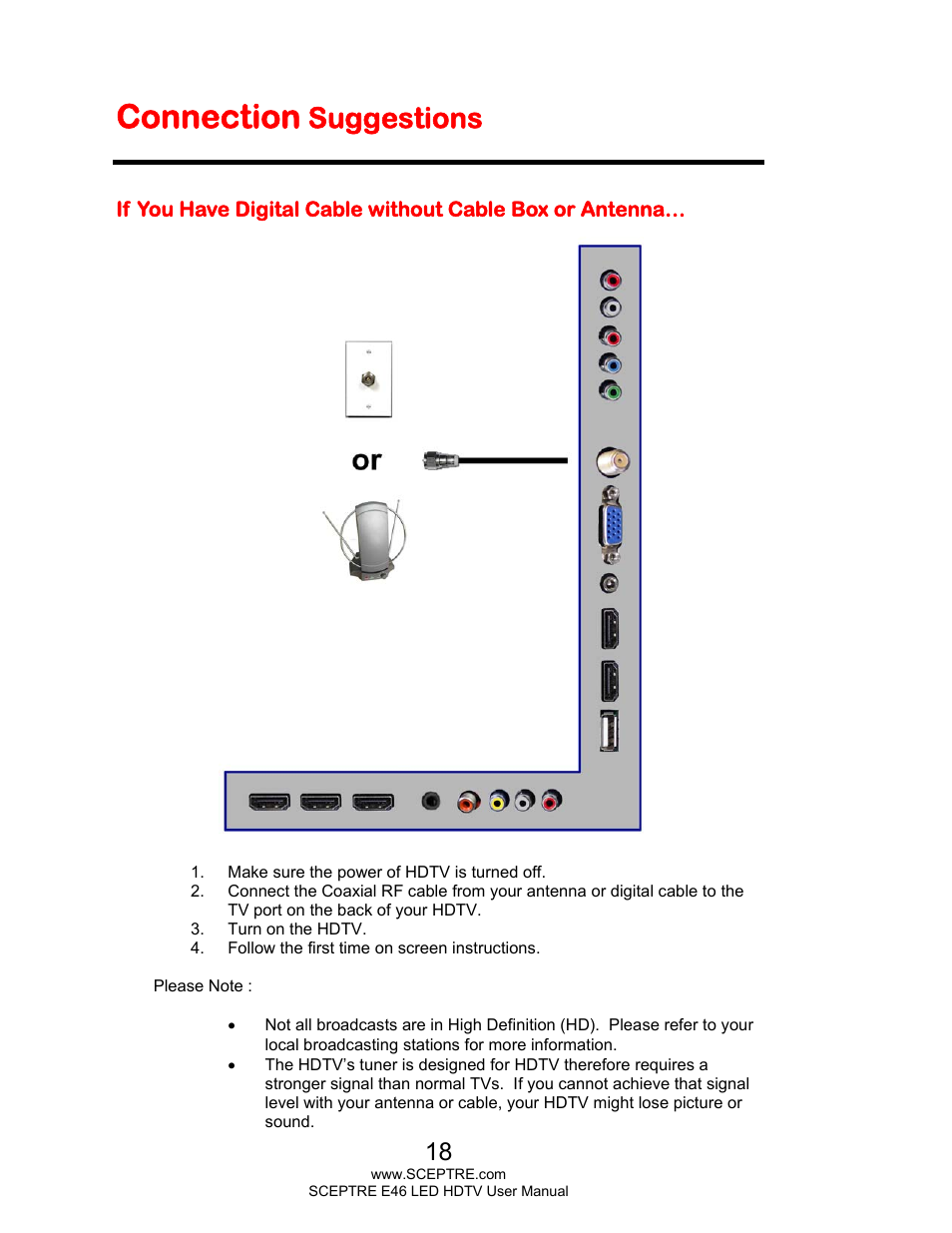 Connection, Suggestions | Sceptre E465BV-FHDD User Manual | Page 18 / 56