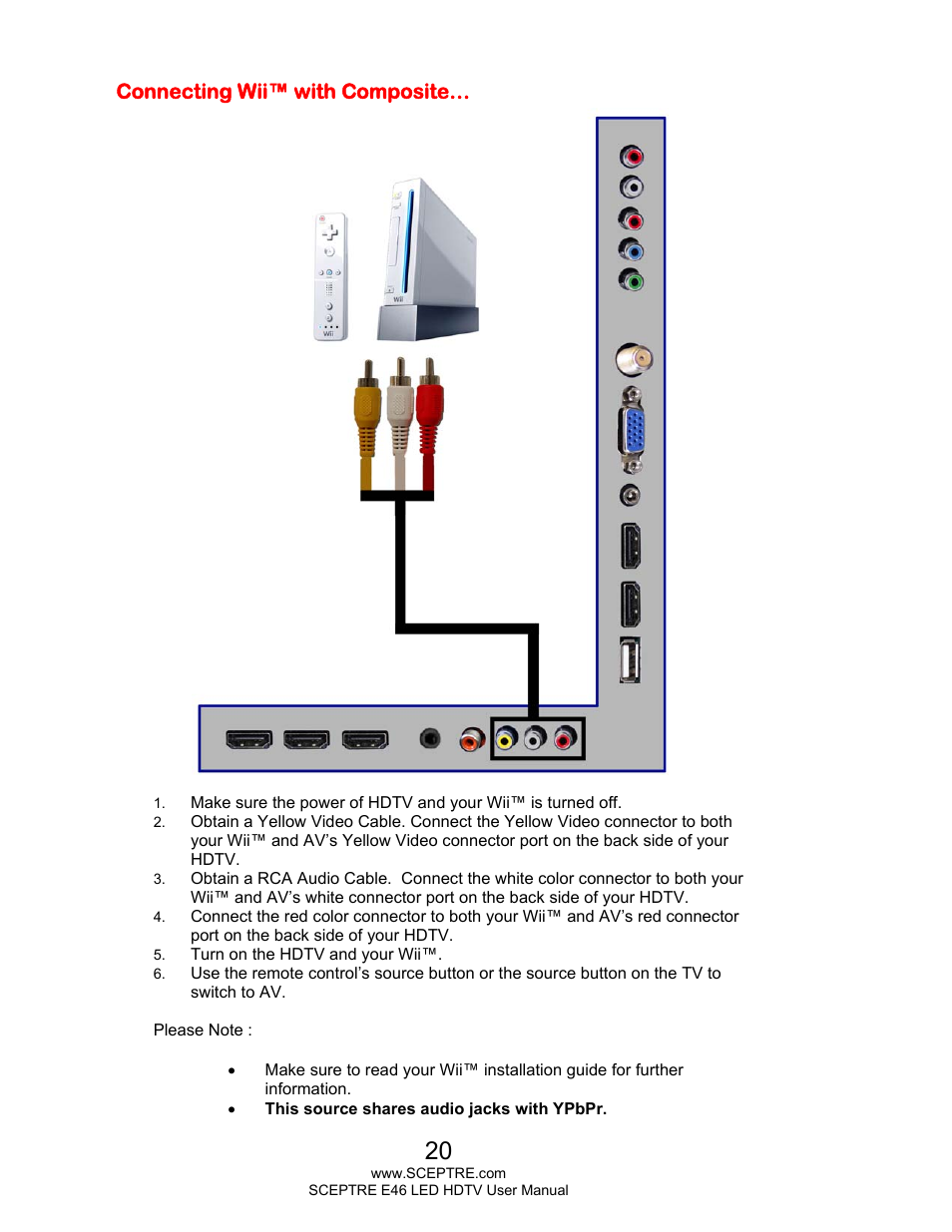 Connecting wii™ with composite | Sceptre E465BV-FHDD User Manual | Page 20 / 56