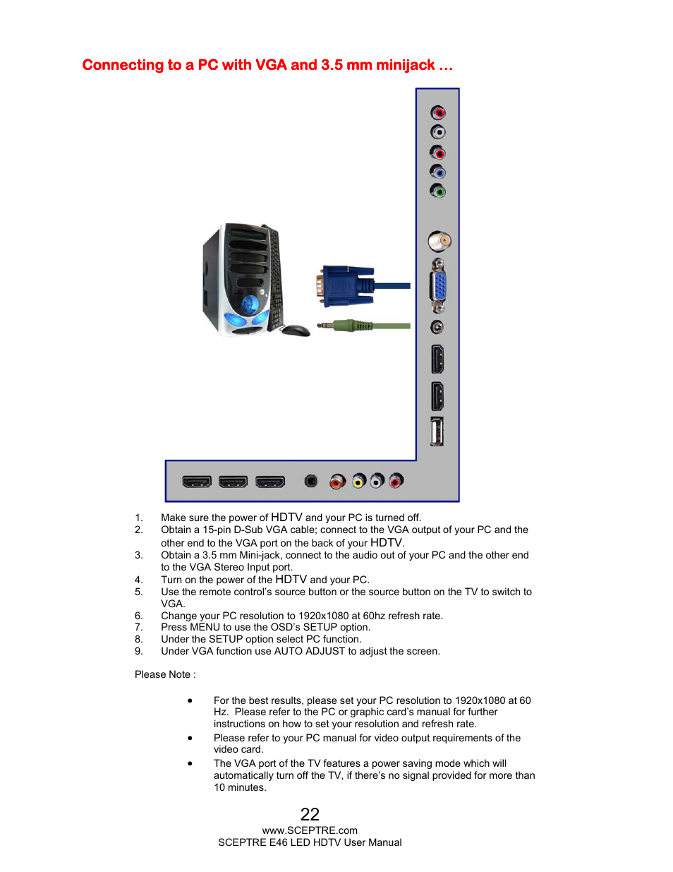 Connecting to a pc with vga and 3.5 mm minijack | Sceptre E465BV-FHDD User Manual | Page 22 / 56