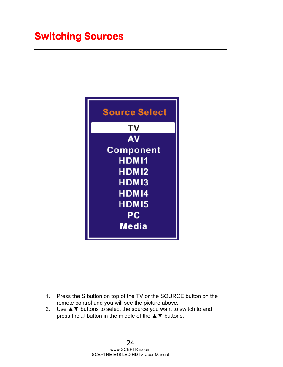 Switching sources | Sceptre E465BV-FHDD User Manual | Page 24 / 56