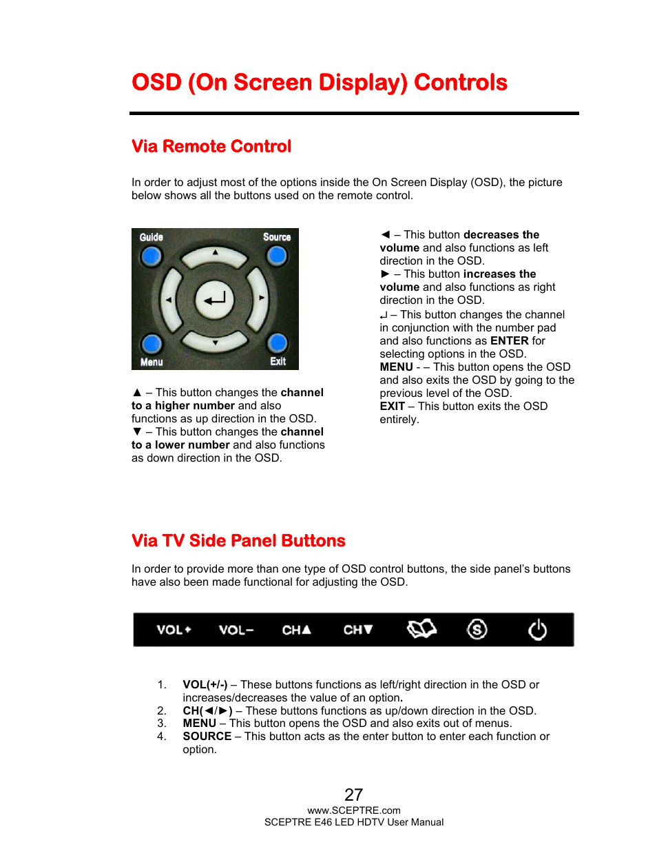 Osd (on screen display) controls, Via remote control, Via tv side panel buttons | Sceptre E465BV-FHDD User Manual | Page 27 / 56