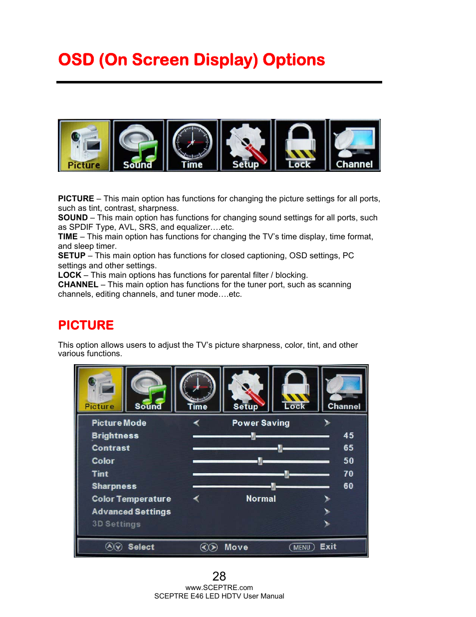 Osd (on screen display) options, Picture | Sceptre E465BV-FHDD User Manual | Page 28 / 56