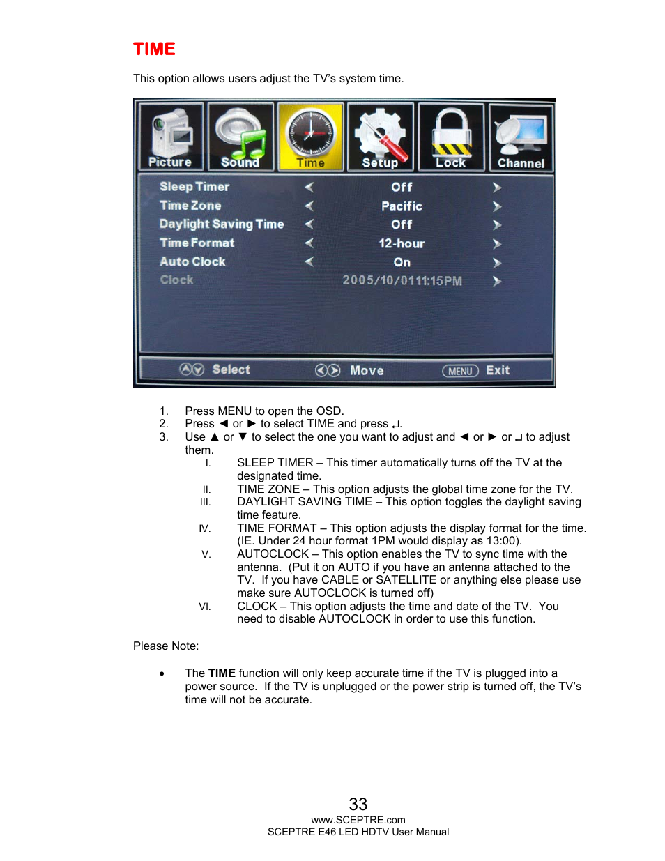 Time | Sceptre E465BV-FHDD User Manual | Page 33 / 56