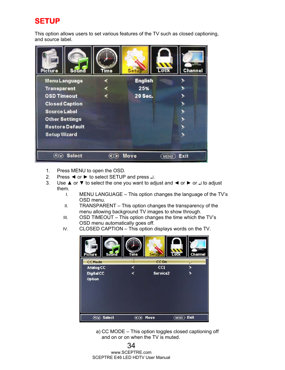 Setup | Sceptre E465BV-FHDD User Manual | Page 34 / 56