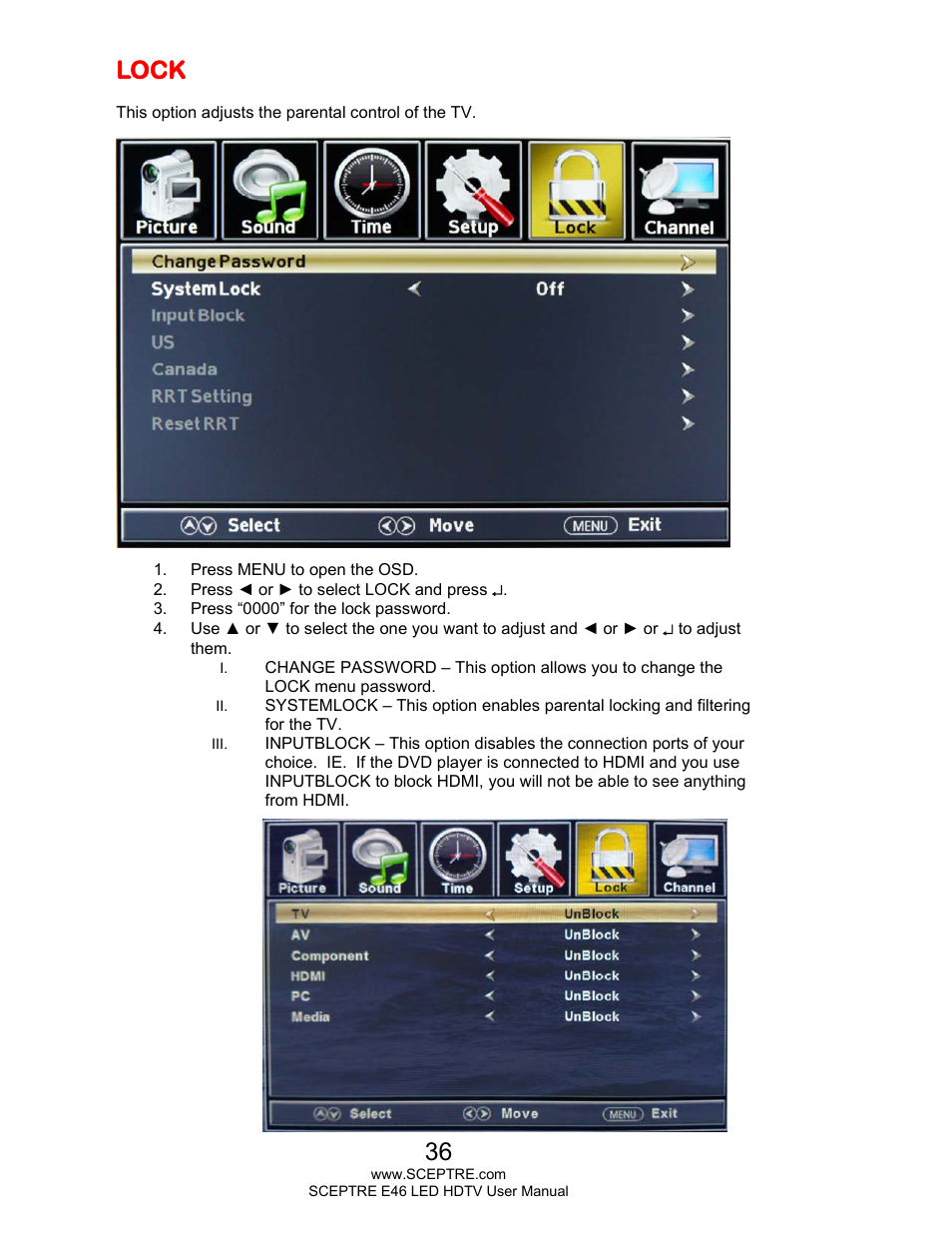 Lock | Sceptre E465BV-FHDD User Manual | Page 36 / 56