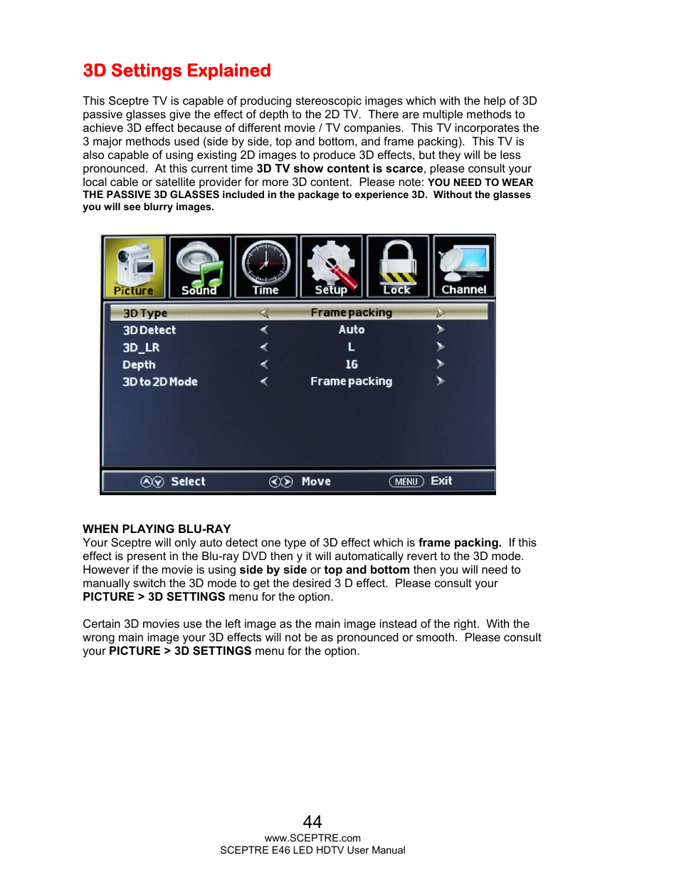 3d settings explained | Sceptre E465BV-FHDD User Manual | Page 44 / 56