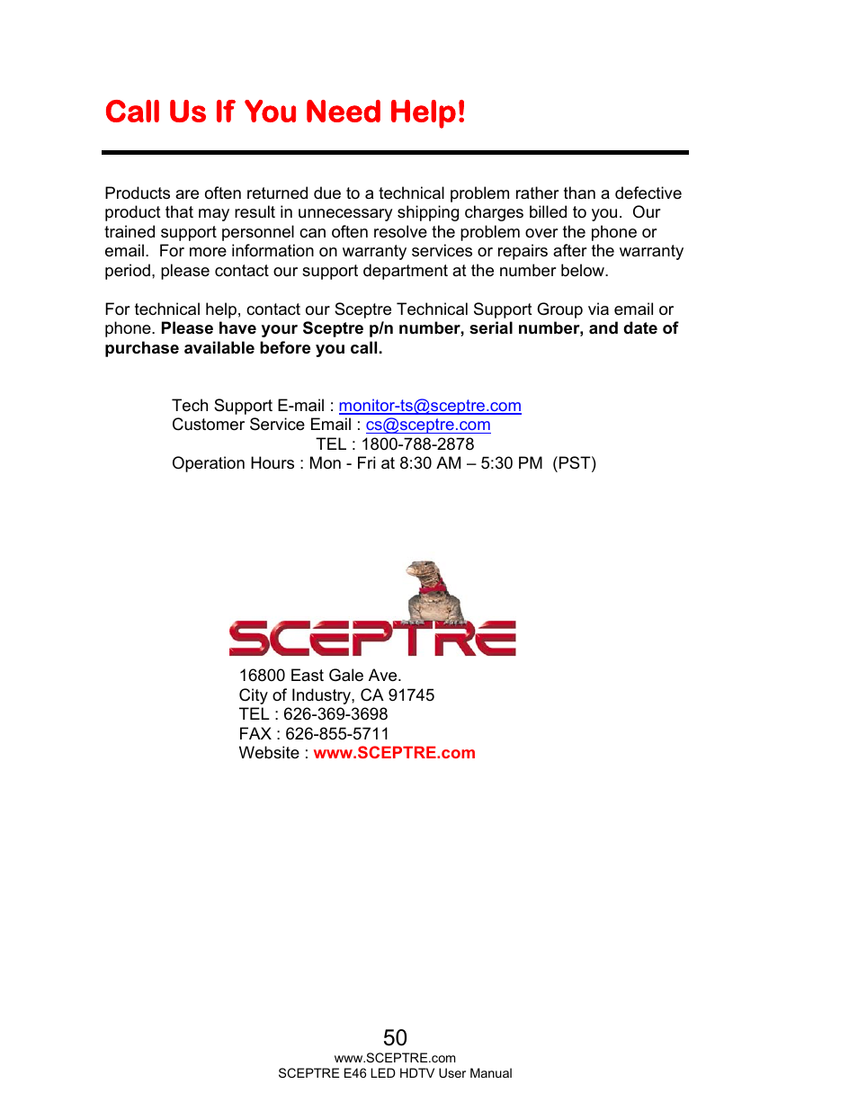 Call us if you need help | Sceptre E465BV-FHDD User Manual | Page 50 / 56