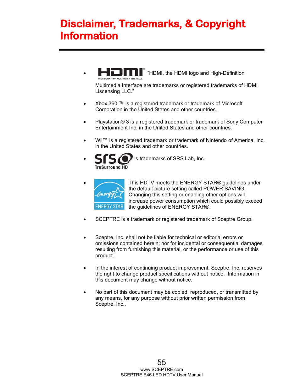 Disclaimer, trademarks, & copyright information | Sceptre E465BV-FHDD User Manual | Page 55 / 56