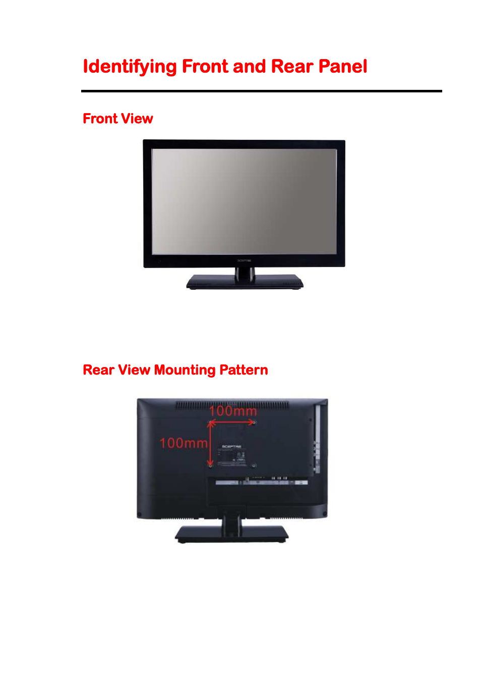 Identifying front and rear panel, Front view, Rear view mounting pattern | Sceptre E195BV-SHDC User Manual | Page 11 / 54