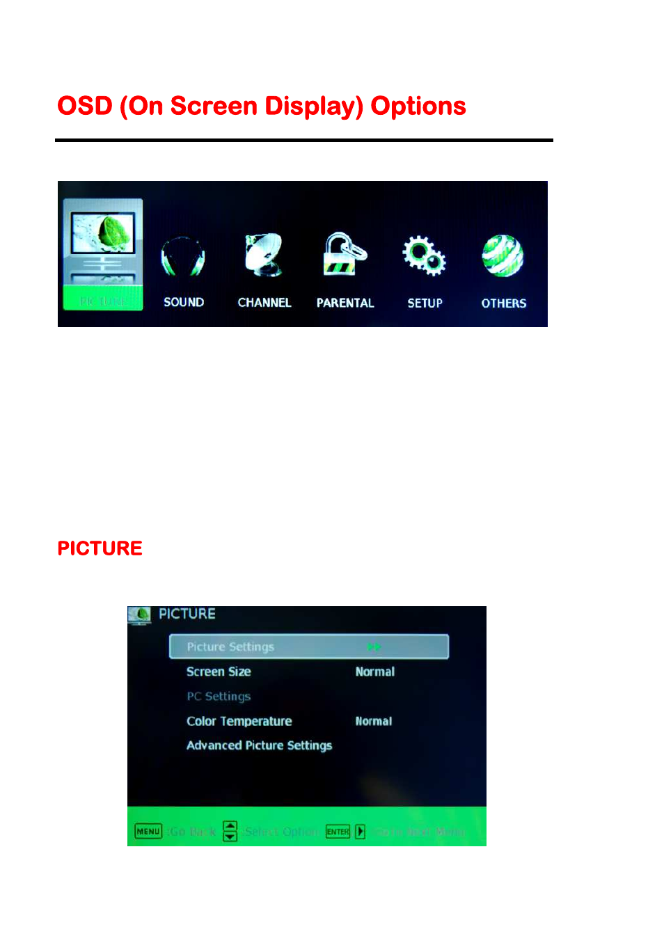 Osd (on screen display) options, Picture | Sceptre E195BV-SHDC User Manual | Page 26 / 54