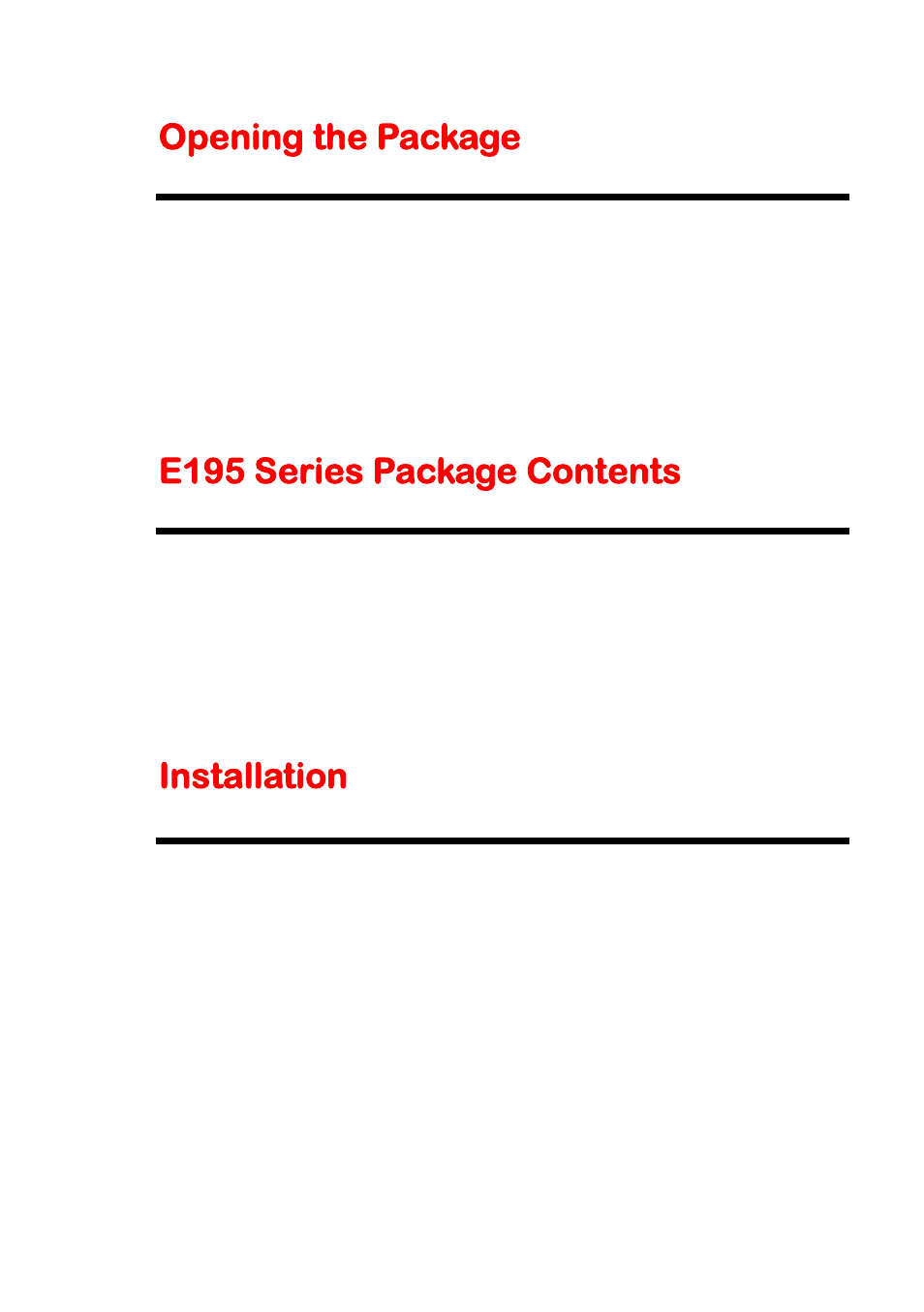 Opening the package, E195 series package contents, Installation | Sceptre E195BV-SHDC User Manual | Page 7 / 54