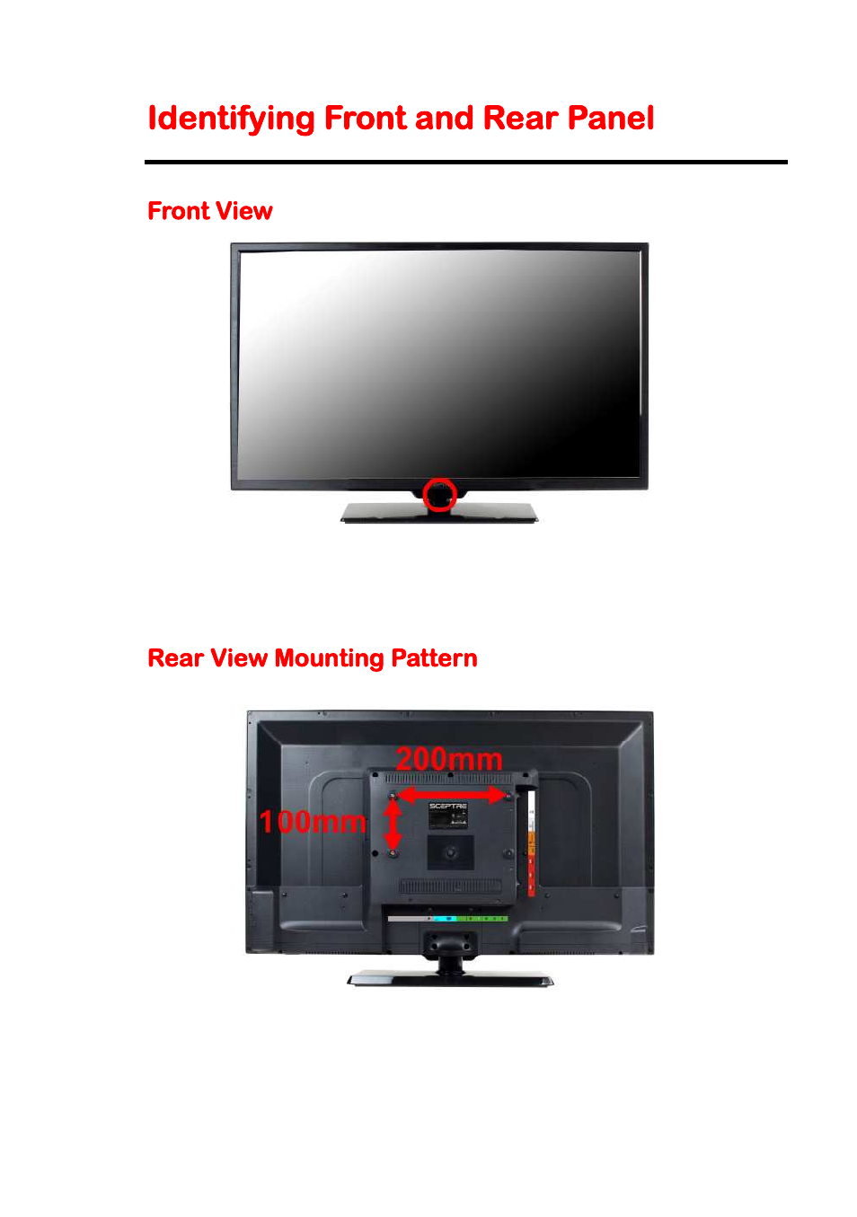 Identifying front and rear panel, Front view, Rear view mounting pattern | Sceptre P322BV-HDR User Manual | Page 11 / 53