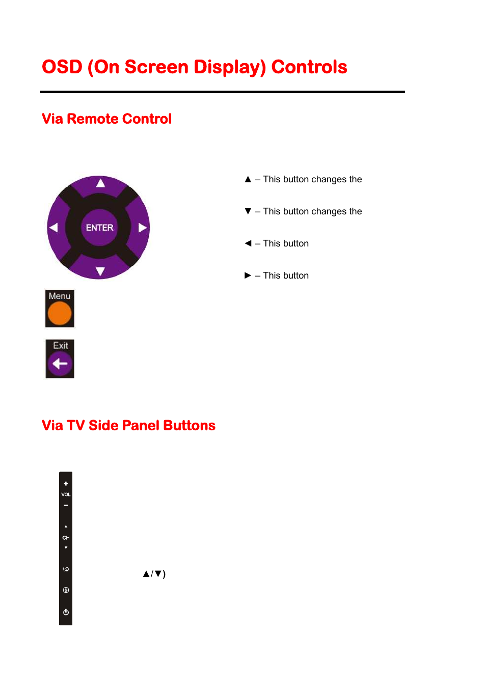 Osd (on screen display) controls, Via remote control, Via tv side panel buttons | Sceptre P322BV-HDR User Manual | Page 26 / 53