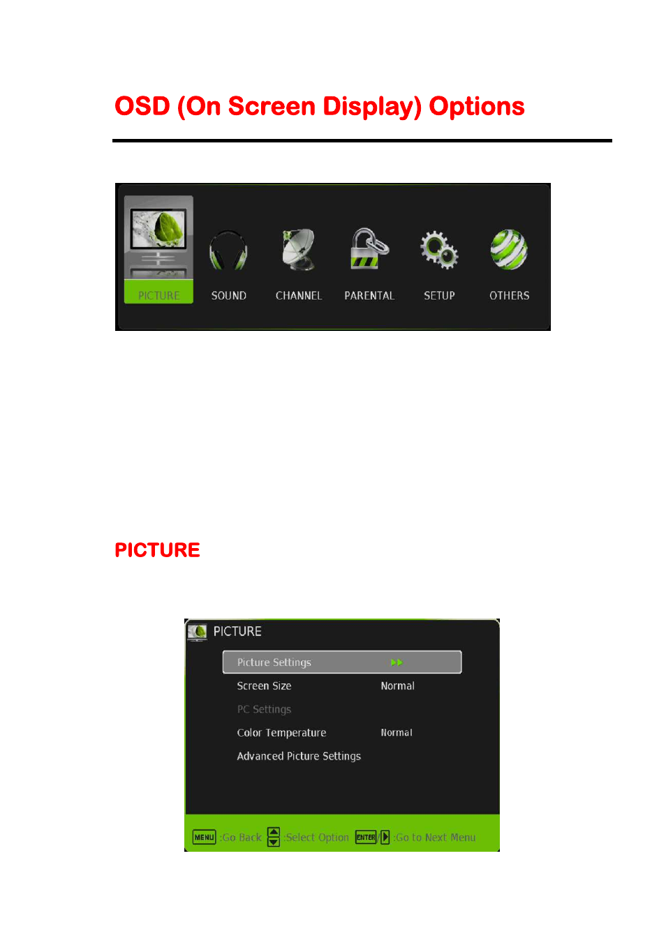 Osd (on screen display) options, Picture | Sceptre P322BV-HDR User Manual | Page 27 / 53