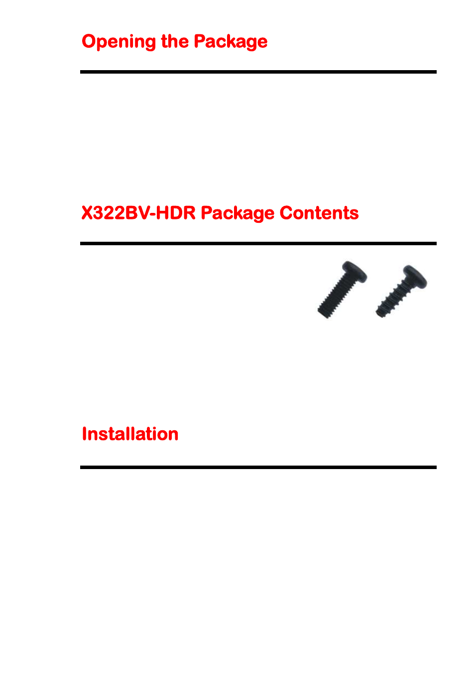 Opening the package, X322bv-hdr package contents, Installation | Sceptre P322BV-HDR User Manual | Page 7 / 53