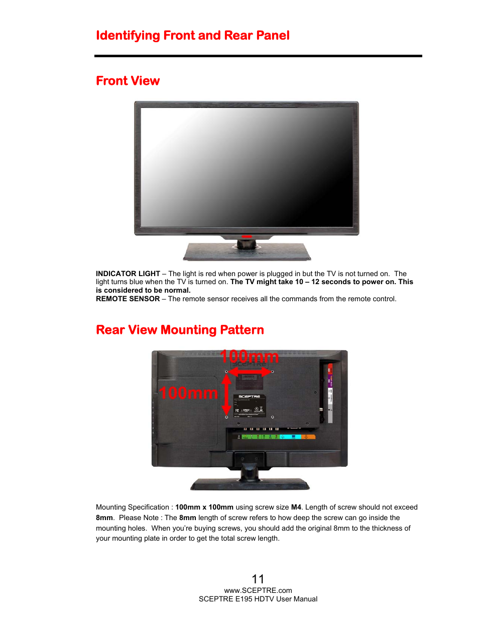 Identifying front and rear panel, Front view, Rear view mounting pattern | Sceptre E195BV-SMQR User Manual | Page 11 / 58