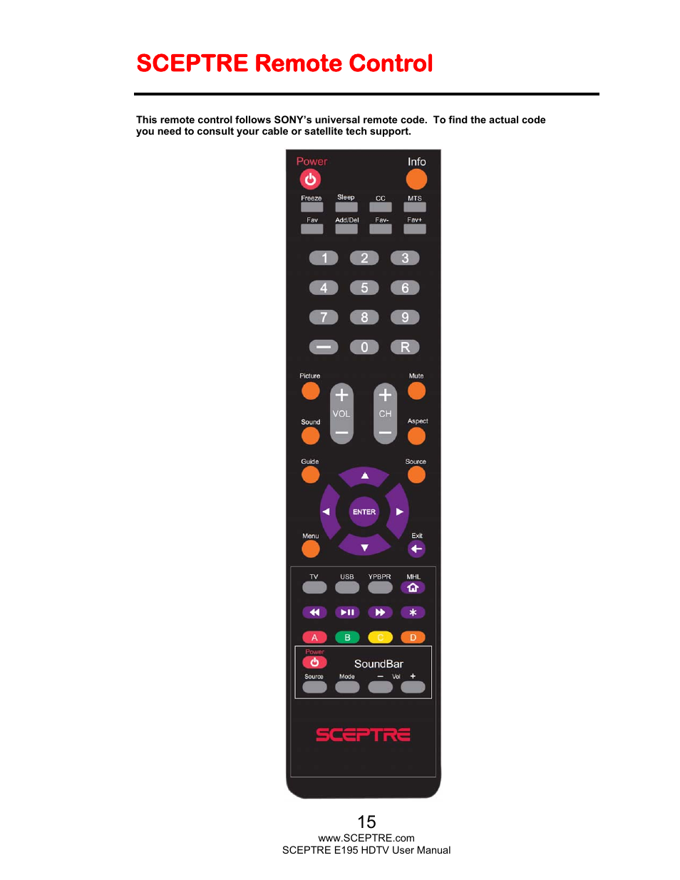 Sceptre remote control | Sceptre E195BV-SMQR User Manual | Page 15 / 58