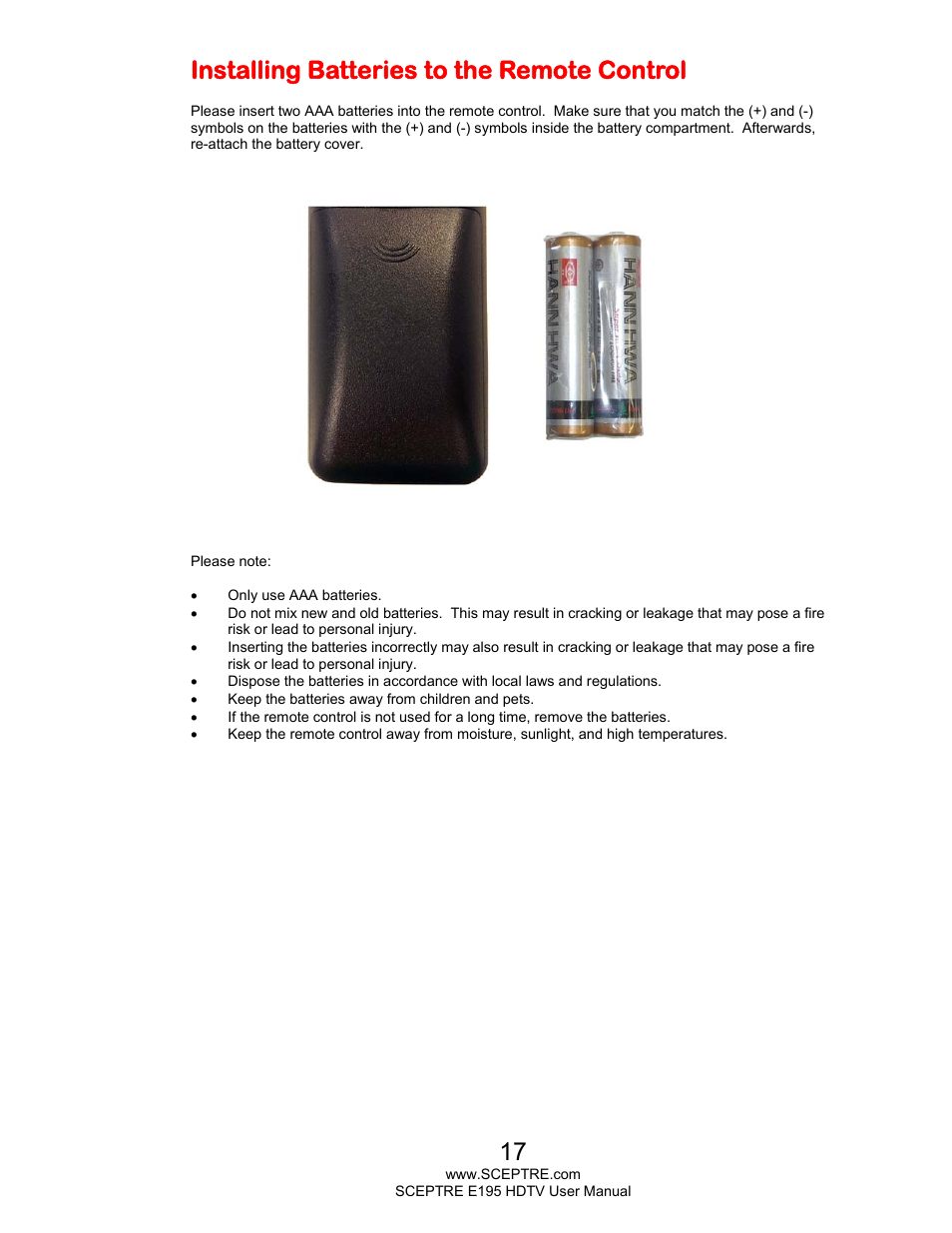 Installing batteries to the remote control | Sceptre E195BV-SMQR User Manual | Page 17 / 58